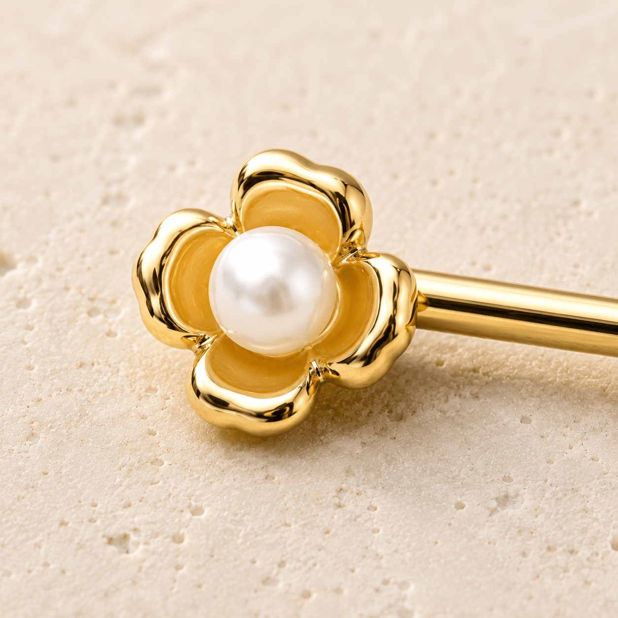 Gold Plated Pearl Accented Flower Nipple Bar