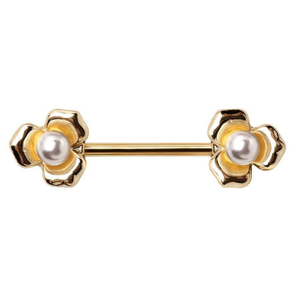 Gold Plated Pearl Accented Flower Nipple Bar