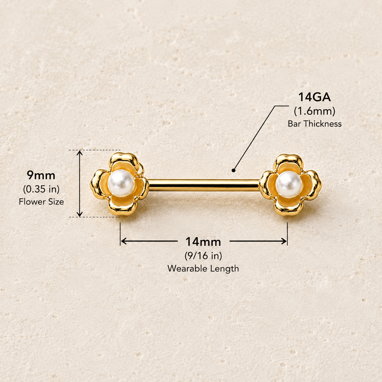 Gold Plated Pearl Accented Flower Nipple Bar