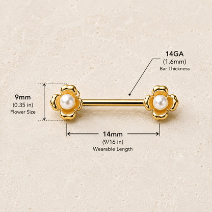 Gold Plated Pearl Accented Flower Nipple Bar