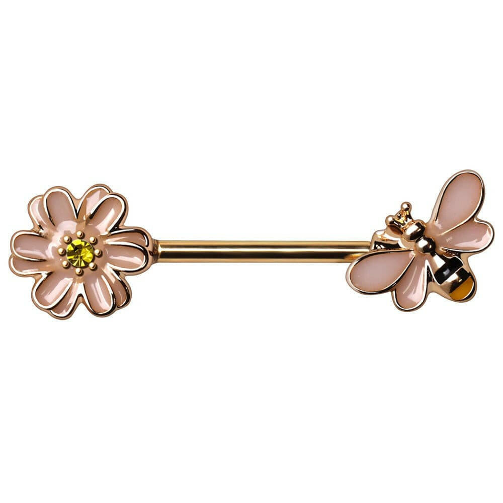 Gold Plated Pink Bee and Flower Nipple Bar Nipple Ring Impulse Piercings