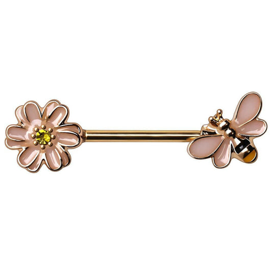 Gold Plated Pink Bee and Flower Nipple Bar Nipple Ring Impulse Piercings