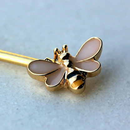 Gold Plated Pink Bee and Flower Nipple Bar Nipple Ring Impulse Piercings