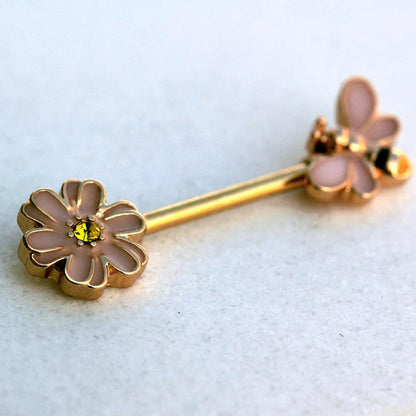 Gold Plated Pink Bee and Flower Nipple Bar Nipple Ring Impulse Piercings