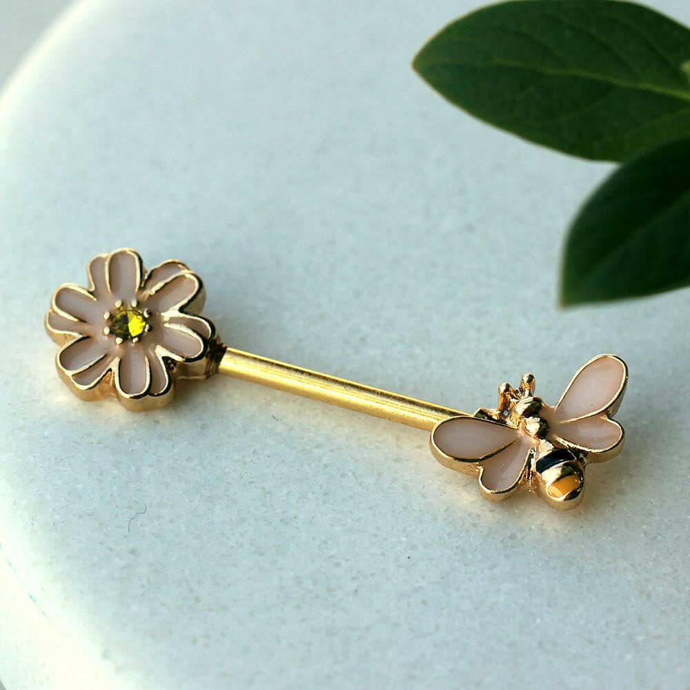 Gold Plated Pink Bee and Flower Nipple Bar Nipple Ring Impulse Piercings