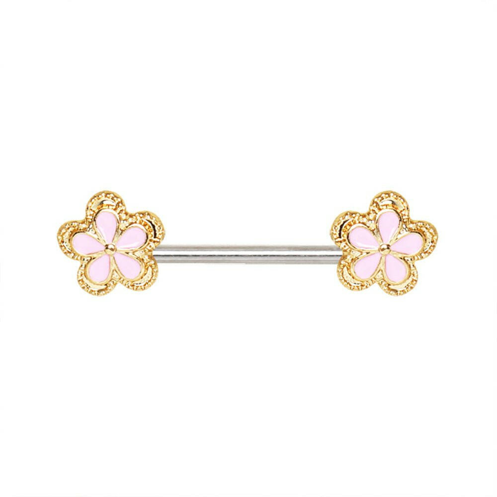 Gold Plated Pink Flower Nipple Bar Nipple Ring Impulse Piercings