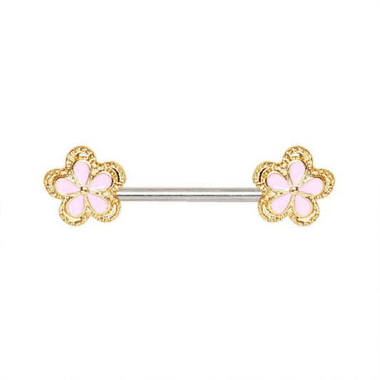 Gold Plated Pink Flower Nipple Bar