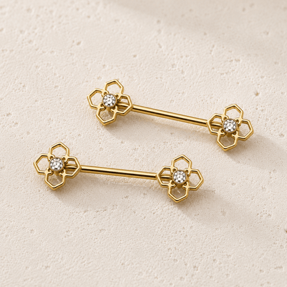 Gold Plated Pinwheel Flower Nipple Bar - Skin Metals