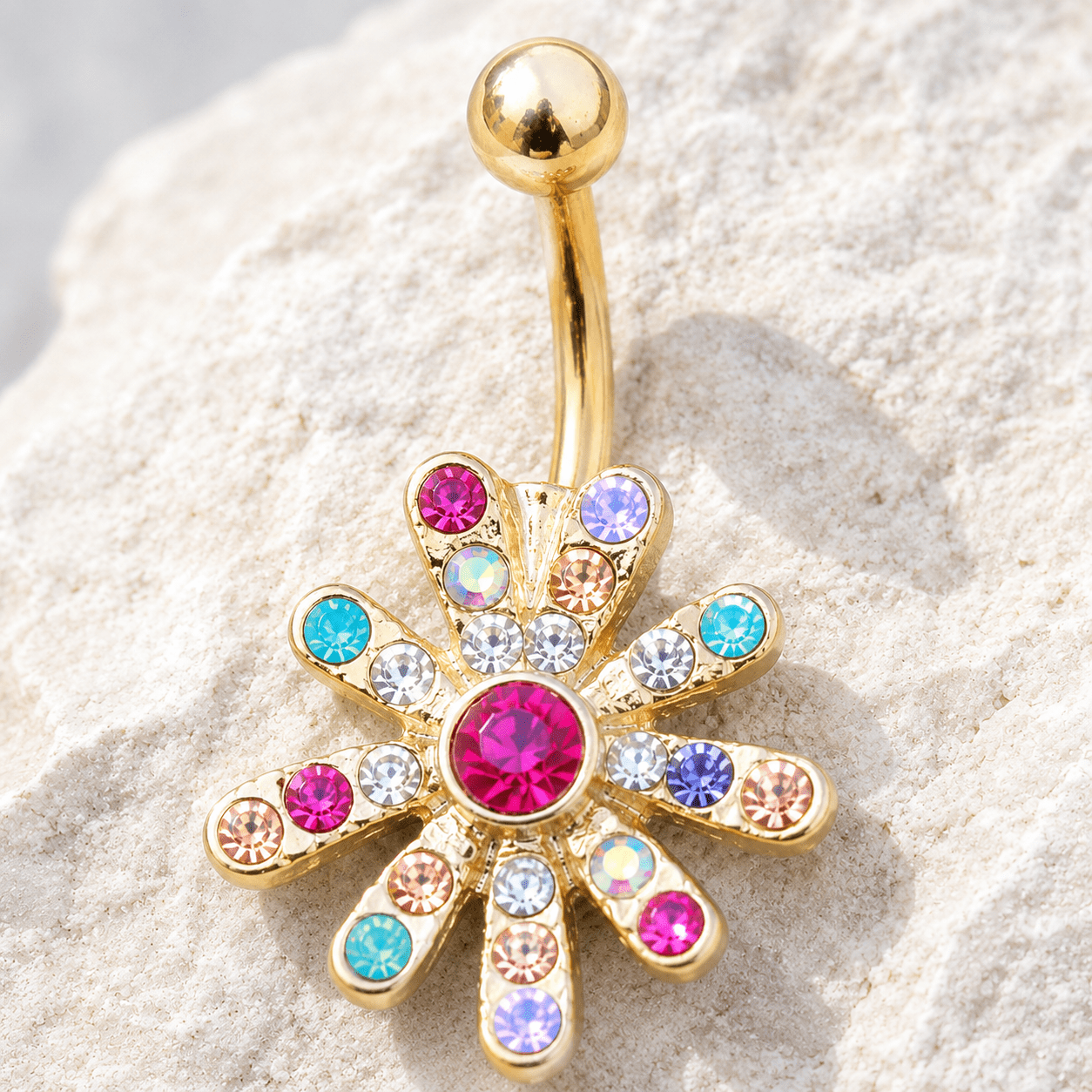 Gold plated rainbow CZ flower navel ring 14G, multicolor cubic zirconia yellow gold 316L stainless steel belly ring