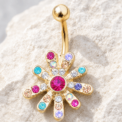 Gold plated rainbow CZ flower navel ring 14G, multicolor cubic zirconia yellow gold 316L stainless steel belly ring