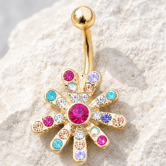 Gold plated rainbow CZ flower navel ring 14G, multicolor cubic zirconia yellow gold 316L stainless steel belly ring