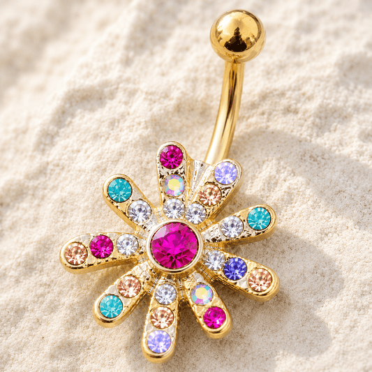 Close up of multicolor rainbow cubic zirconia on gold plated flower navel ring, yellow gold zinc alloy detail
