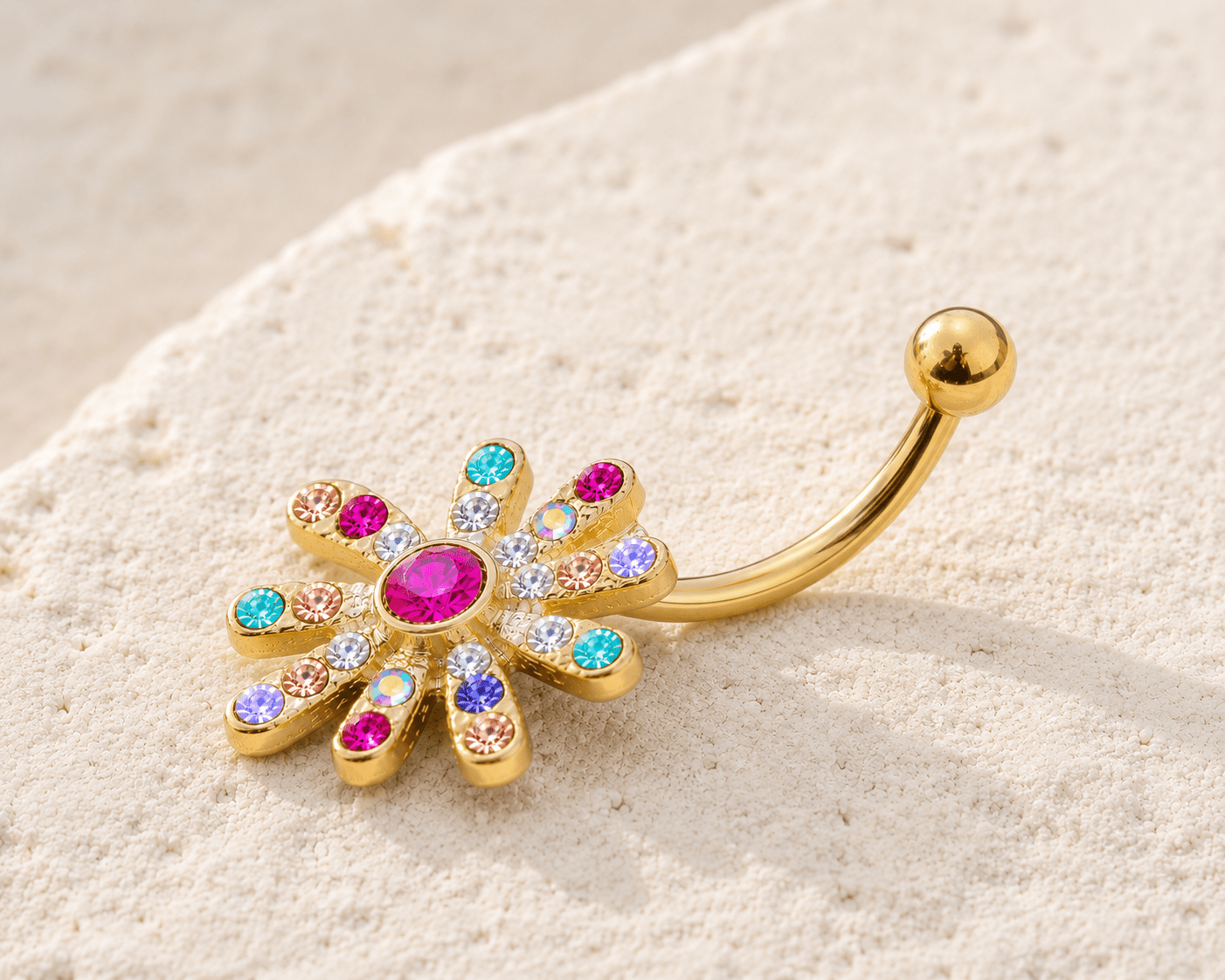 Side view of gold plated rainbow CZ flower navel ring, 14G 316L stainless steel, 16 x 15mm flower design