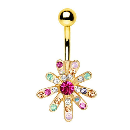 Gold plated rainbow CZ flower navel ring on white background, 14G multicolor CZ yellow gold stainless steel belly ring