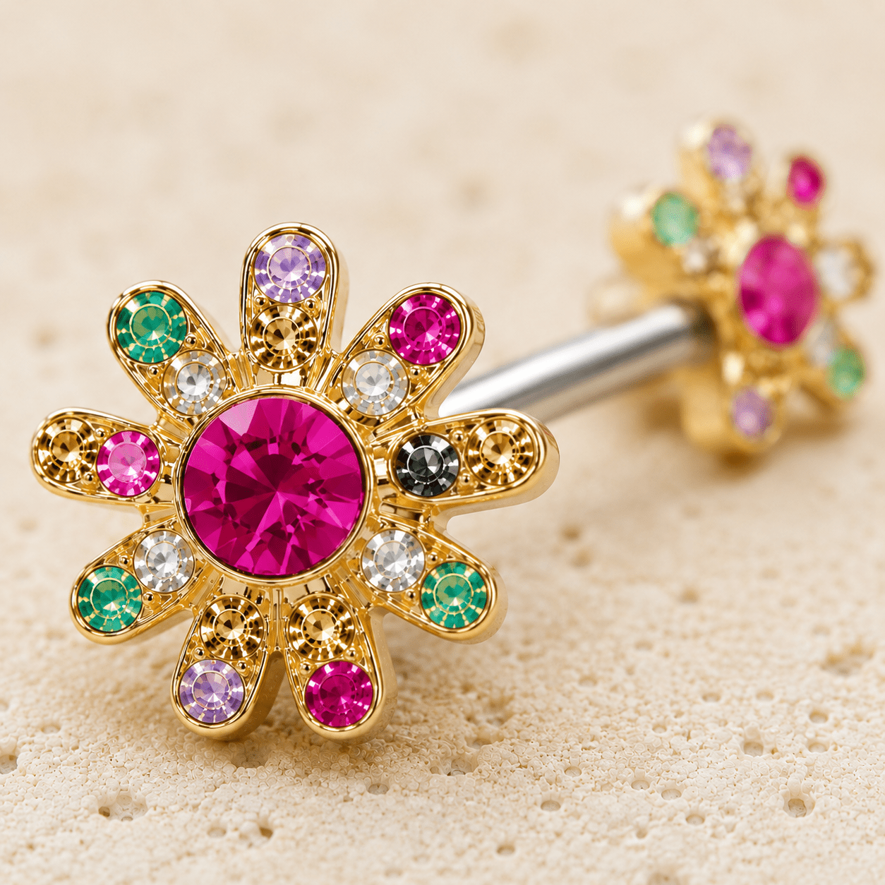 Close up of multi-color CZ flower petals on gold nipple bar, gold plated zinc alloy detail