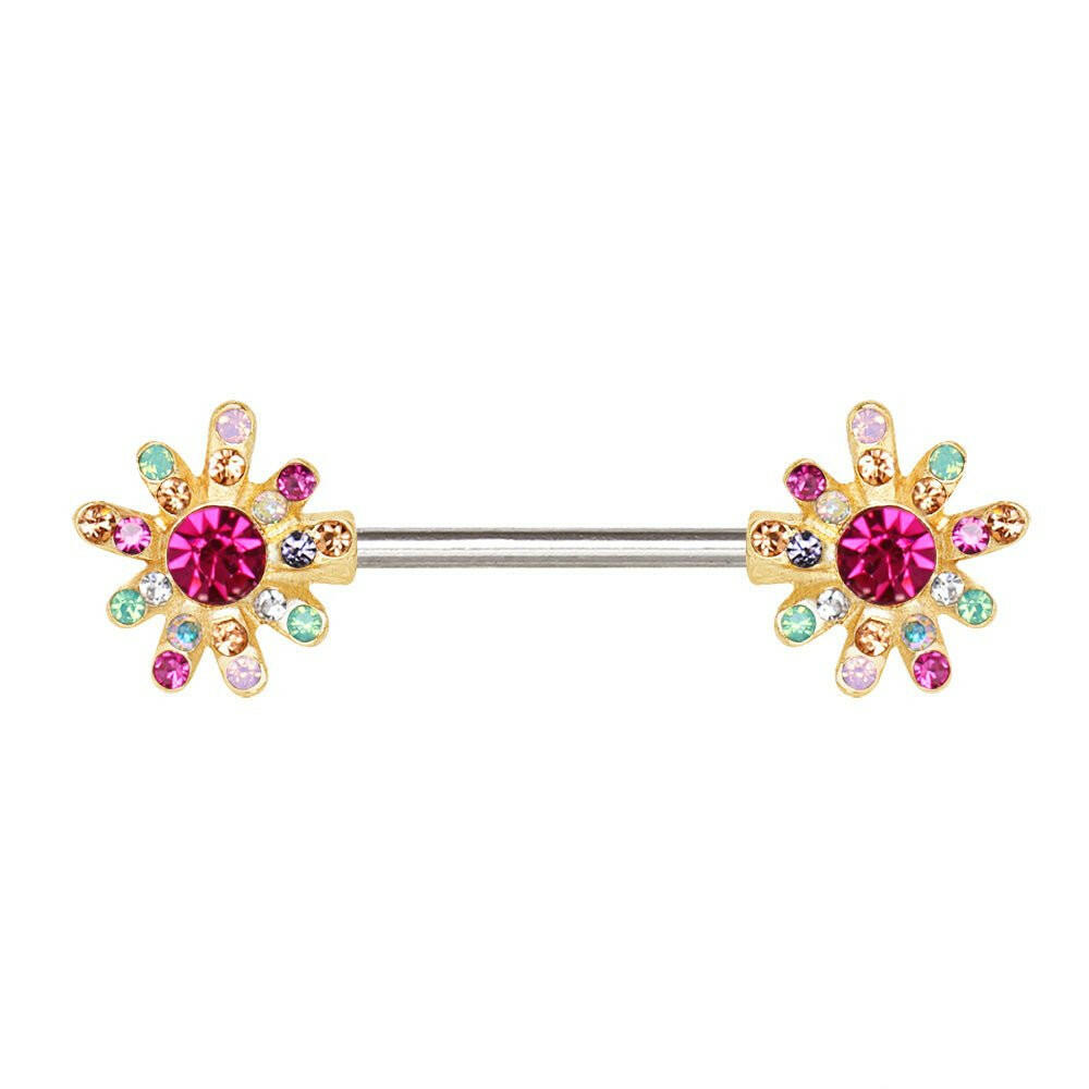 Gold Plated Rainbow CZ Flower Nipple Bar Nipple Ring Impulse Piercings