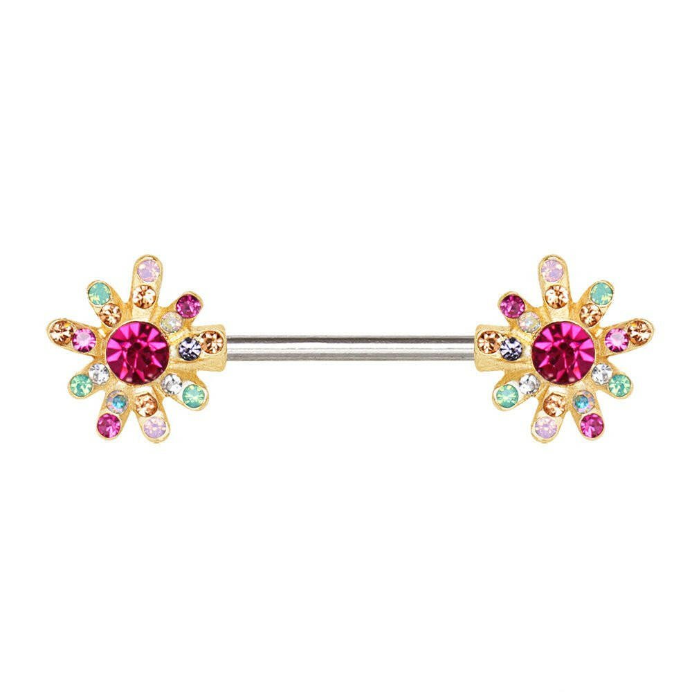 Gold Plated Rainbow CZ Flower Nipple Bar Nipple Ring 