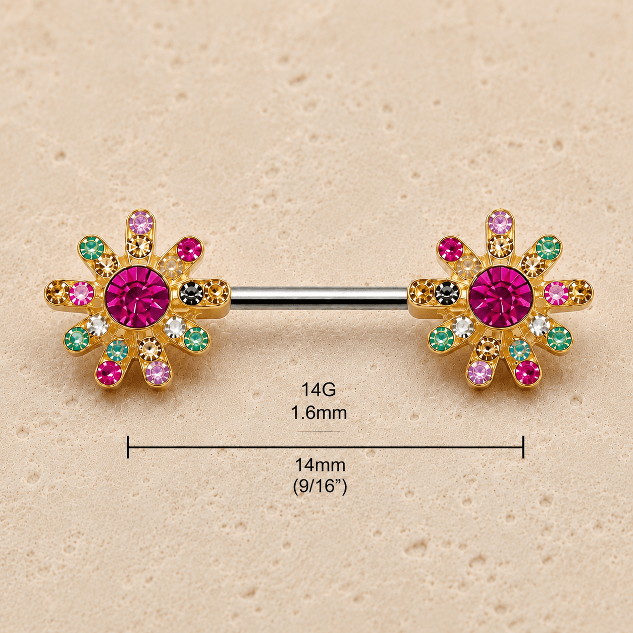 Gold rainbow flower nipple bar size chart, 14GA 1.6mm thickness 14mm bar length 10x11mm flower size
