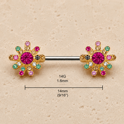 Gold rainbow flower nipple bar size chart, 14GA 1.6mm thickness 14mm bar length 10x11mm flower size