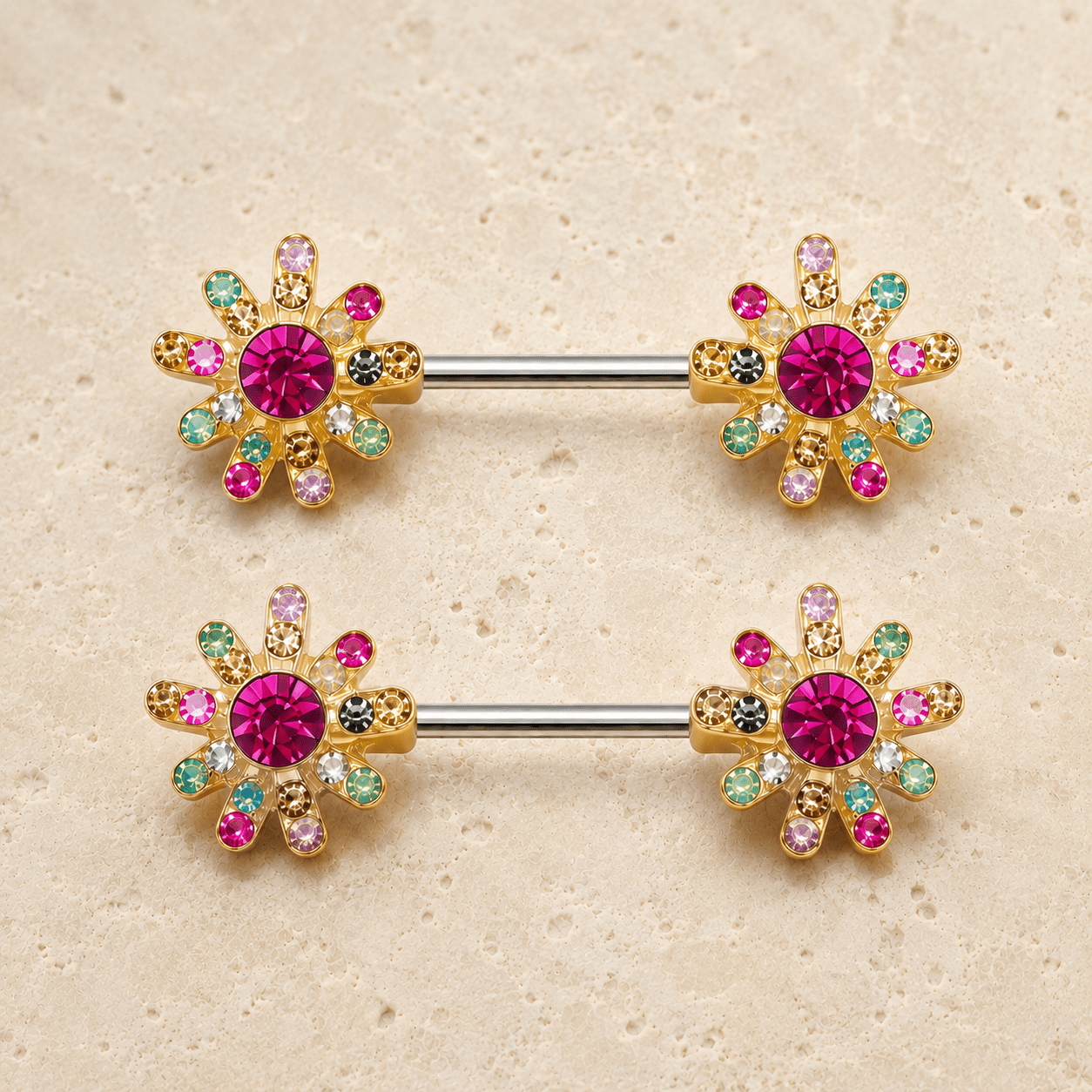 Gold rainbow CZ flower nipple bar 14G pair, multi-color CZ gold plated 316L stainless steel