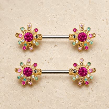 Gold rainbow CZ flower nipple bar 14G pair, multi-color CZ gold plated 316L stainless steel