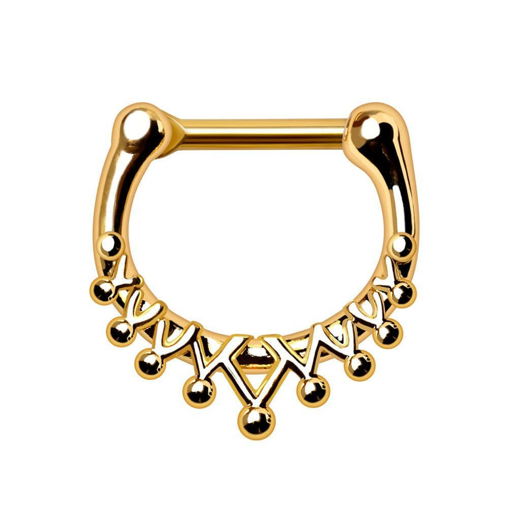 Gold plated royal crown septum clicker on white background, 16G yellow gold nose ring, 316L stainless steel