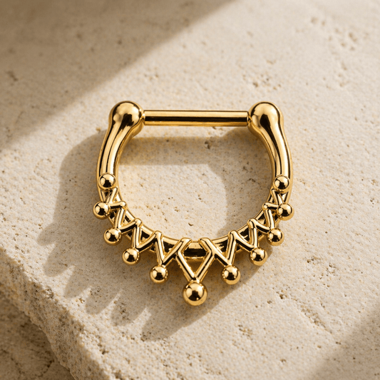 Gold plated royal crown septum clicker 16G, 316L stainless steel, yellow gold nose ring, mirror finish