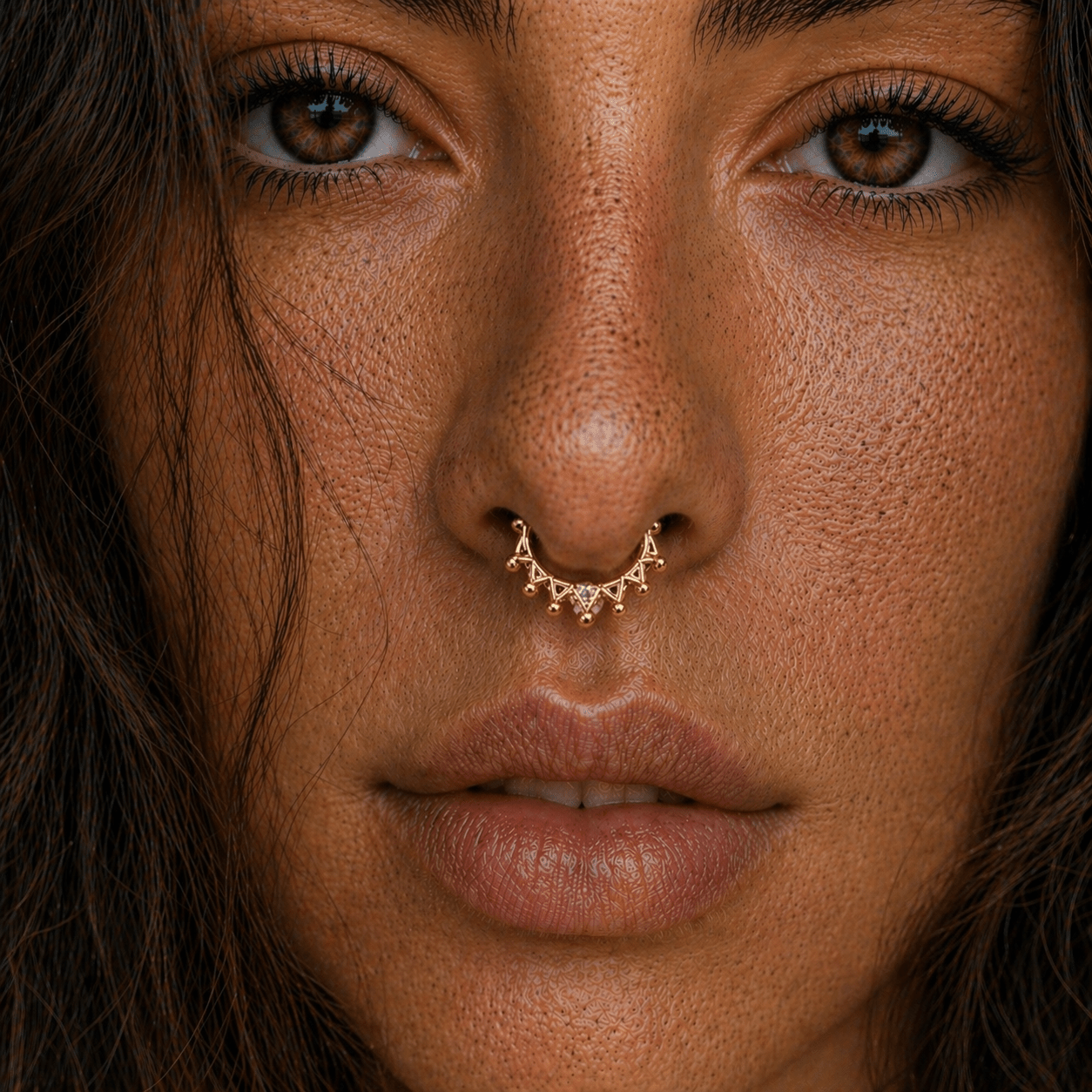 

Model wearing gold plated royal crown septum clicker, 16G yellow gold nose ring, regal crown septum jewelry