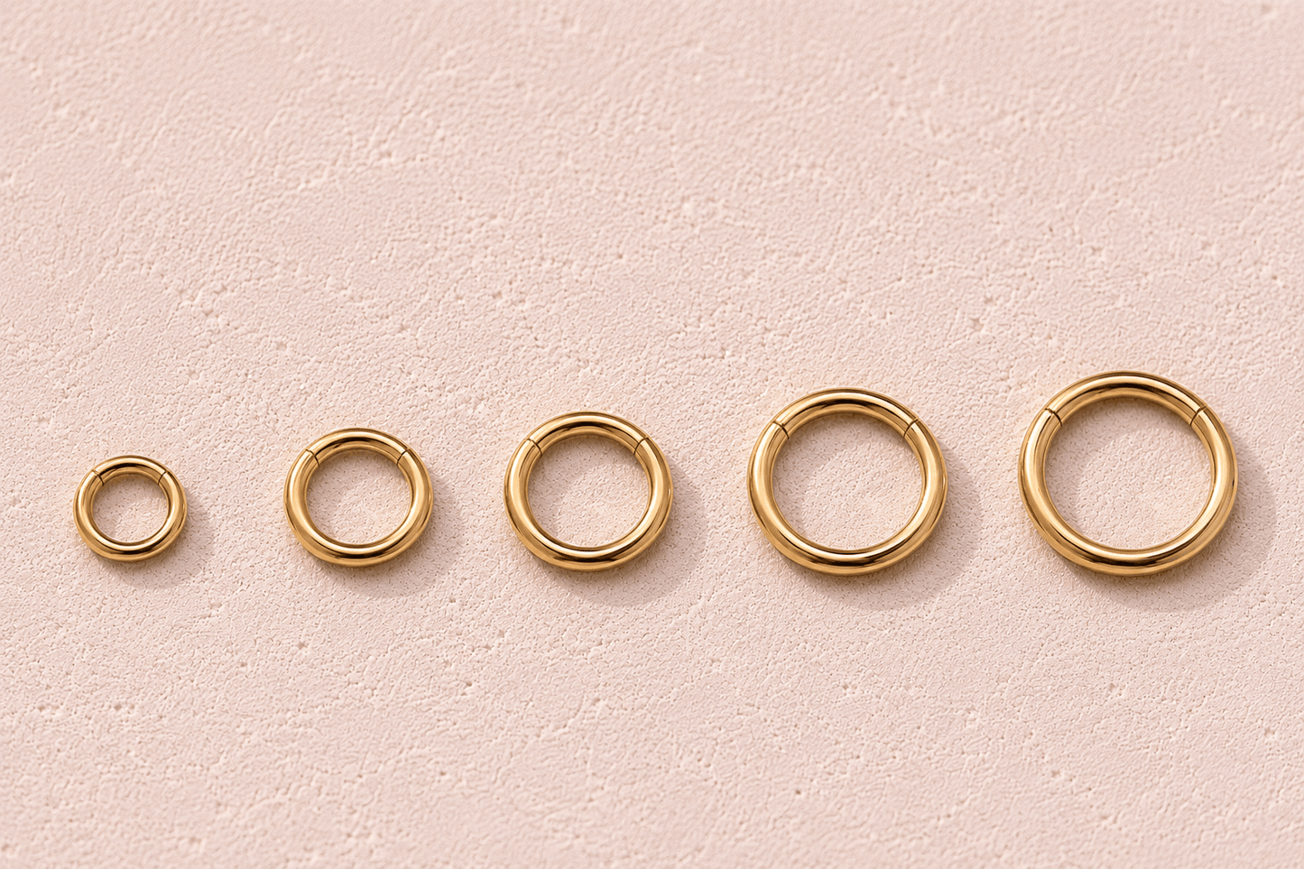 Gold plated seamless clicker ring all sizes comparison, 18G 16G 14G yellow gold 316L surgical steel size guide
