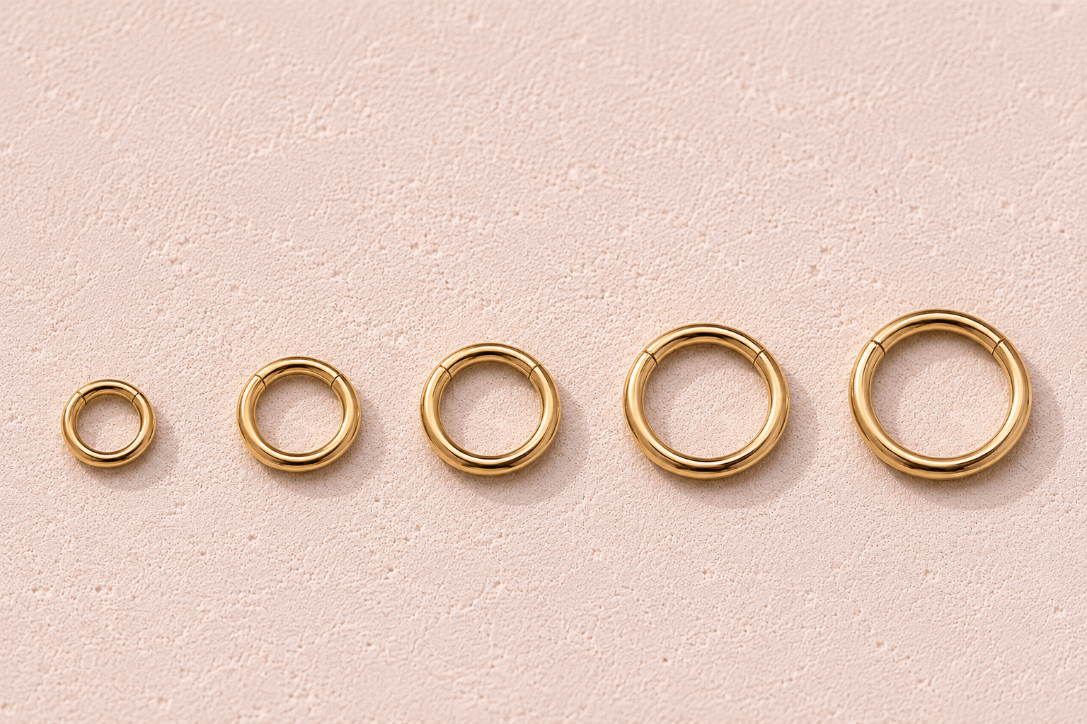 Gold plated seamless clicker ring all sizes comparison, 18G 16G 14G yellow gold 316L surgical steel size guide