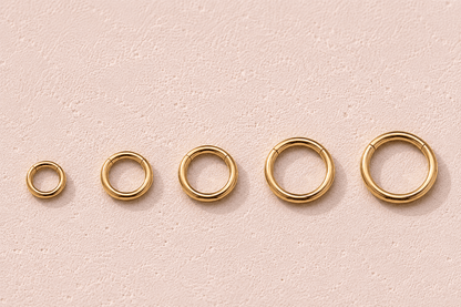 Gold plated seamless clicker ring all sizes comparison, 18G 16G 14G yellow gold 316L surgical steel size guide