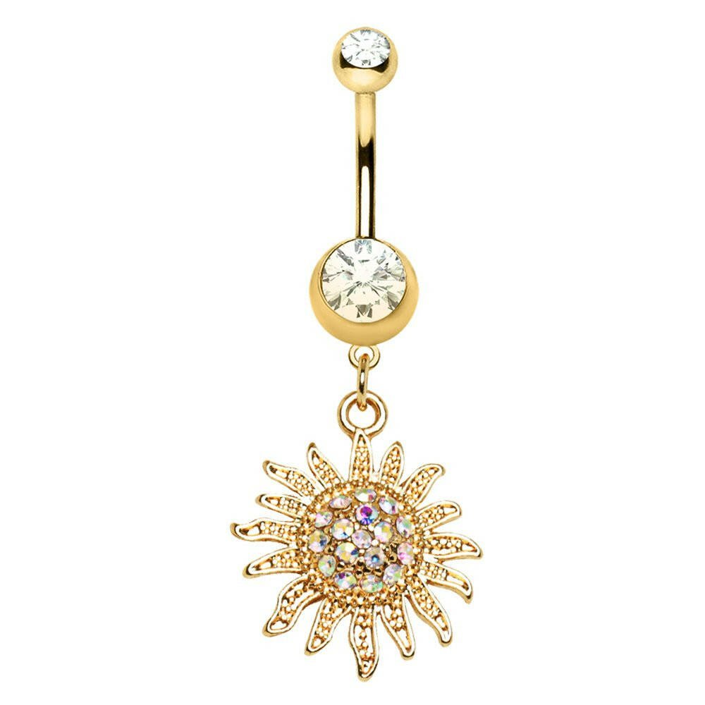 Gold Plated Shimmering Sunburst Dangle Navel Ring Navel Ring Skin Metals