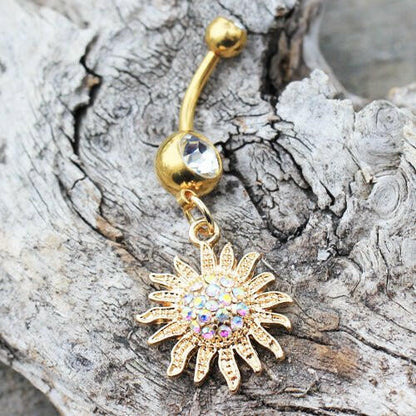 Gold Plated Shimmering Sunburst Dangle Navel Ring Navel Ring Impulse Piercings