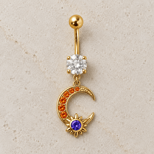 Gold Plated Sun & Moon Dangle Navel Ring - Skin Metals
