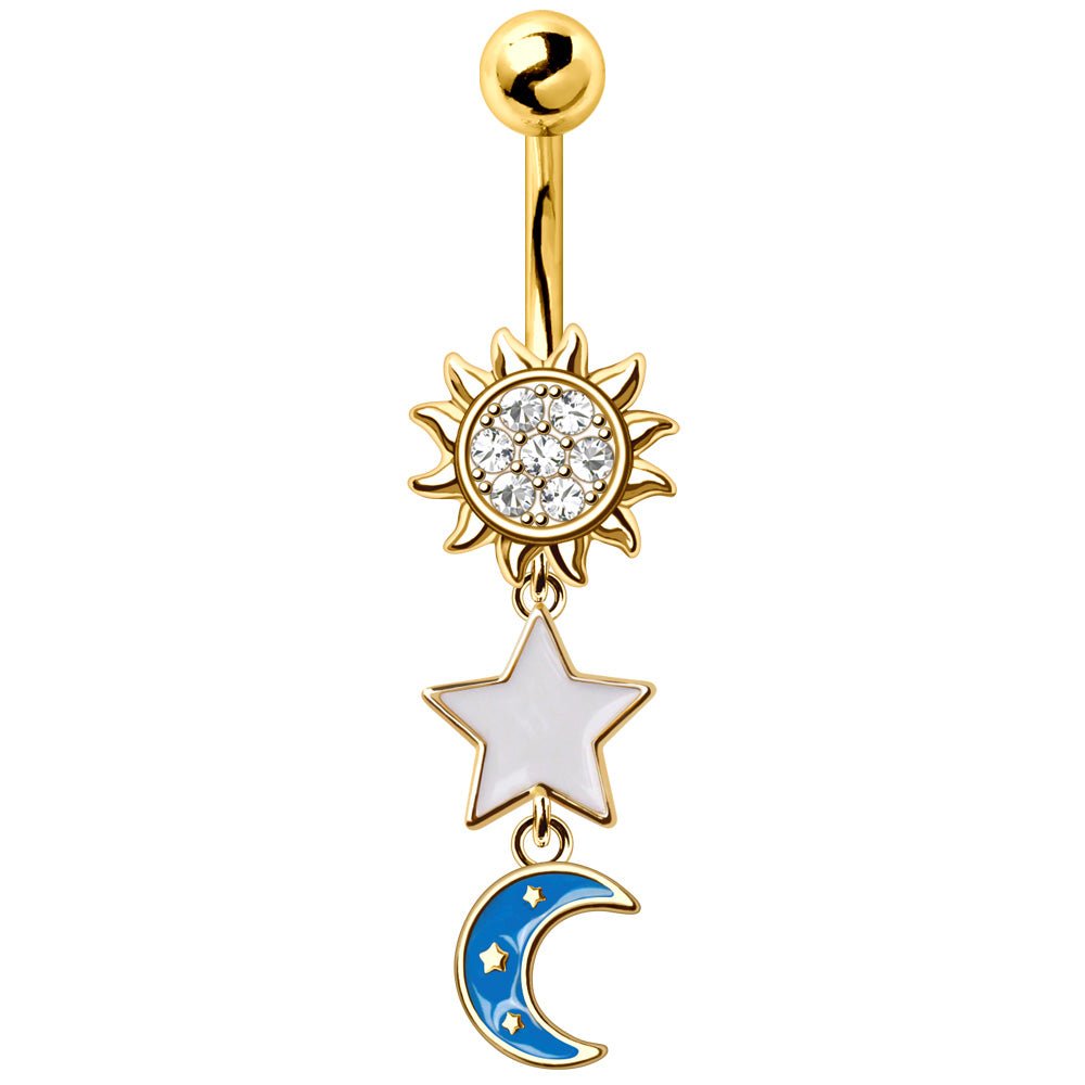 Gold Plated Sun, Moon & Star Belly Button Dangle Navel Ring Navel Ring Skin Metals