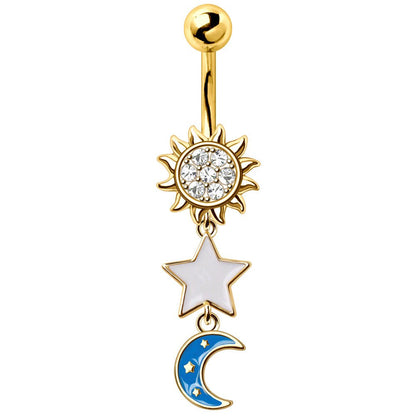 Gold Plated Sun, Moon & Star Belly Button Dangle Navel Ring Navel Ring Skin Metals