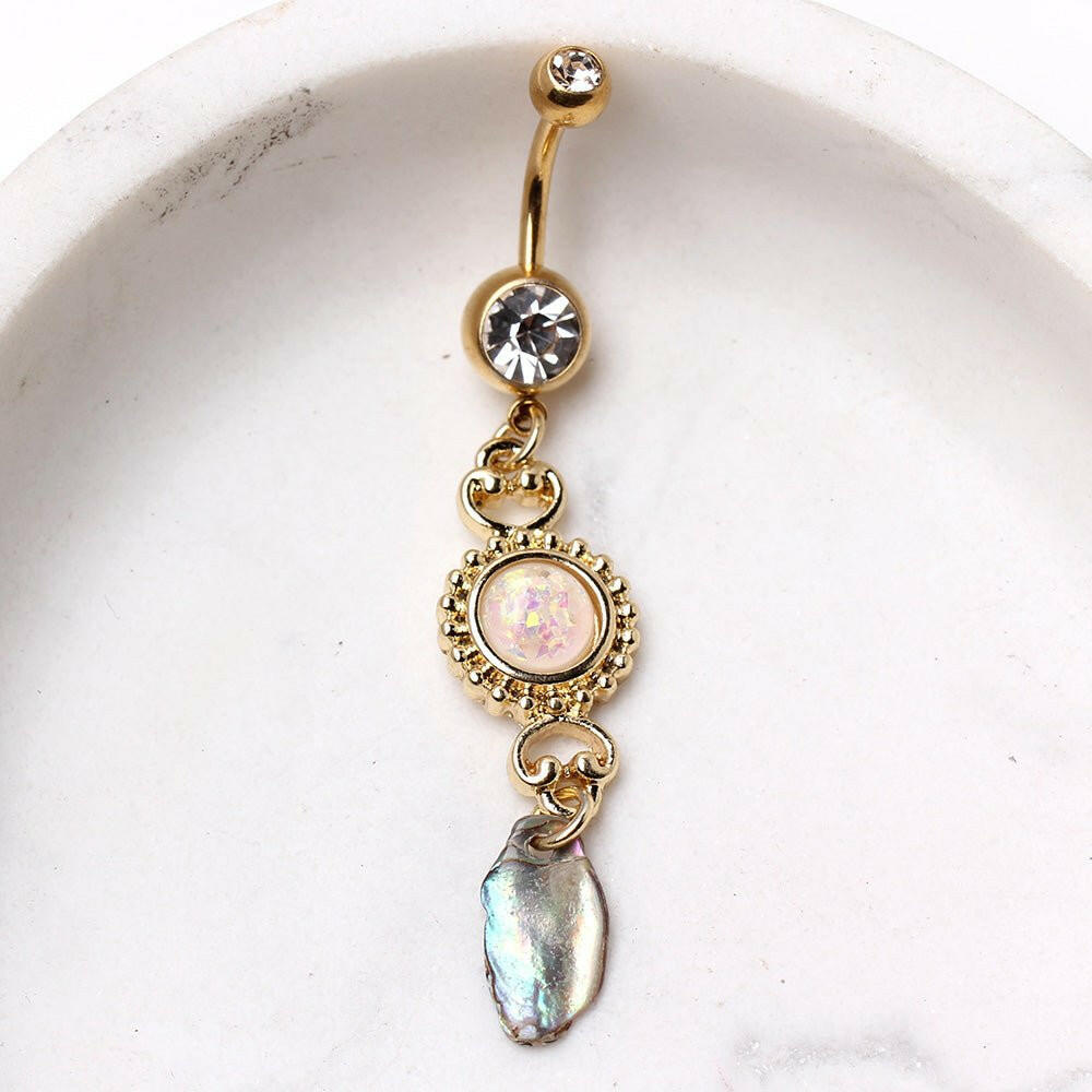 Gold Plated Sunburst Navel Ring with Synthetic Opal and Abalone Navel Ring Impulse Piercings