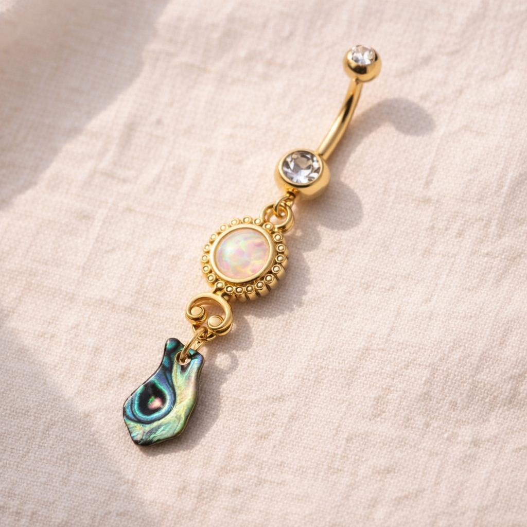 Gold Plated Sunburst Navel Ring with Synthetic Opal and Abalone Navel Ring Skin Metals