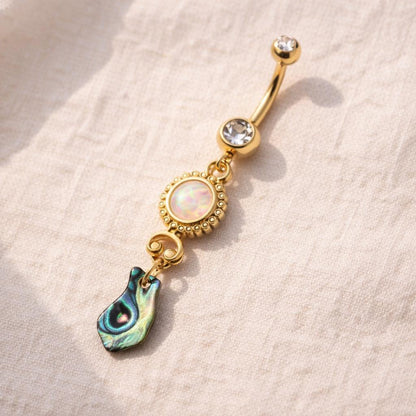 Gold Plated Sunburst Navel Ring with Synthetic Opal and Abalone Navel Ring Skin Metals