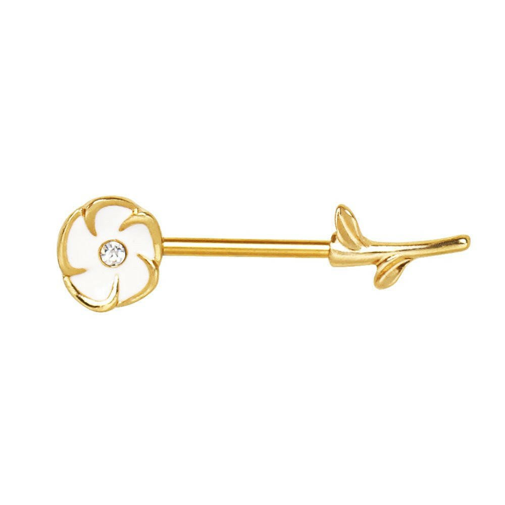 Gold plated white flower nipple bar pair on white background, 14G white enamel CZ yellow gold stainless steel