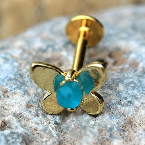 Gold Plated Teal Blue Butterfly Labret Labret Impulse Piercings