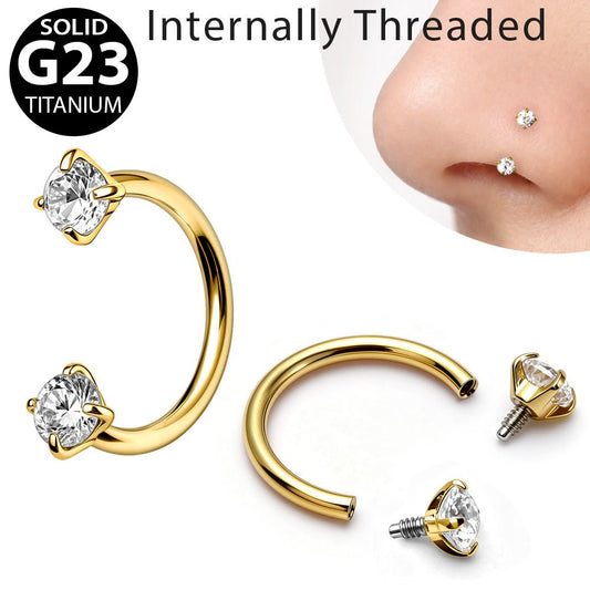 Gold Plated Titanium Internally Threaded Double Gem Nose Hoop - Skin Metals