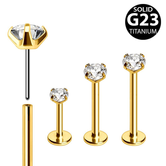 Gold Plated Titanium Threadless (push-in) Labret with Clear Prong Set CZ - Skin Metals
