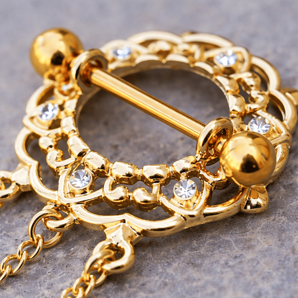 Gold Plated Triple Chain Floral Nipple Shields Nipple Barbell Skin Metals
