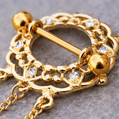 Gold Plated Triple Chain Floral Nipple Shields Nipple Barbell Skin Metals