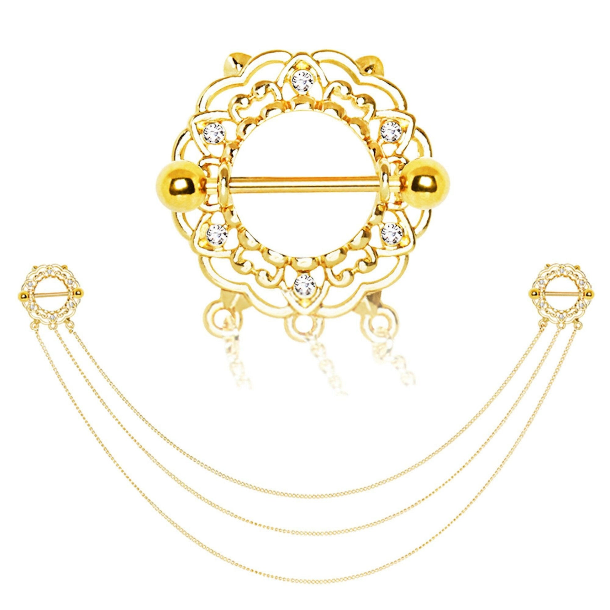 Gold Plated Triple Chain Floral Nipple Shields Nipple Ring Impulse Piercings