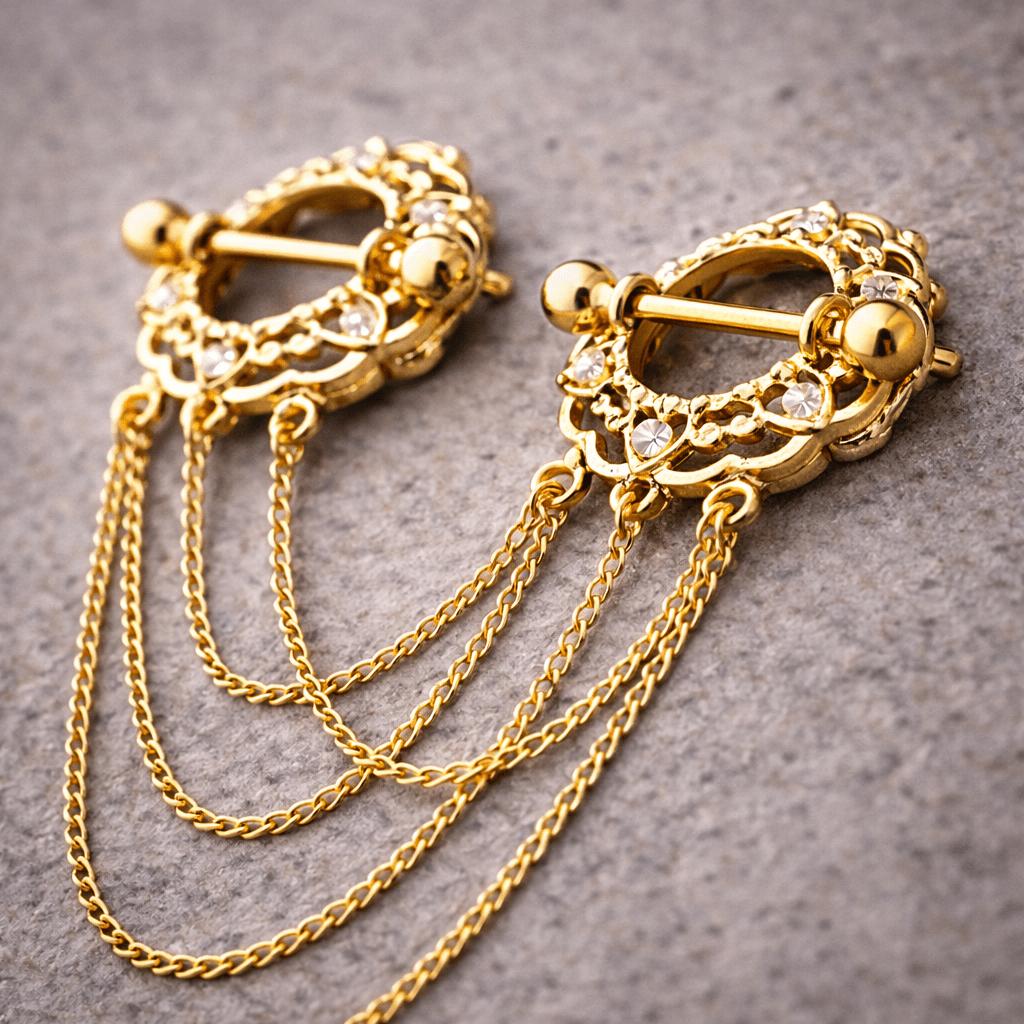 Gold Plated Triple Chain Floral Nipple Shields Nipple Barbell Skin Metals