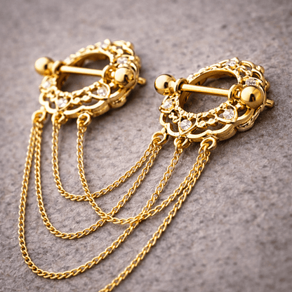 Gold Plated Triple Chain Floral Nipple Shields Nipple Barbell Skin Metals