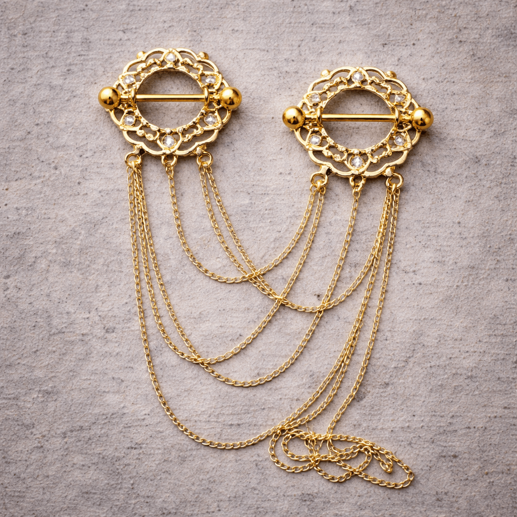 Gold Plated Triple Chain Floral Nipple Shields Nipple Barbell Skin Metals