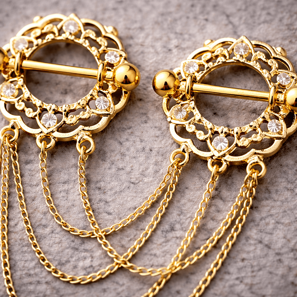 Gold Plated Triple Chain Floral Nipple Shields Nipple Barbell Skin Metals